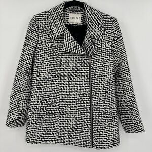 Reiss Pea Coat Women's Small Black White‎ Geometric Print Lined Asymmetrical Zip